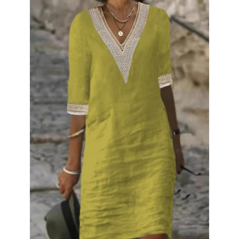 New Solid Color V-Neck Mid-Sleeve Cotton Elegant Dress