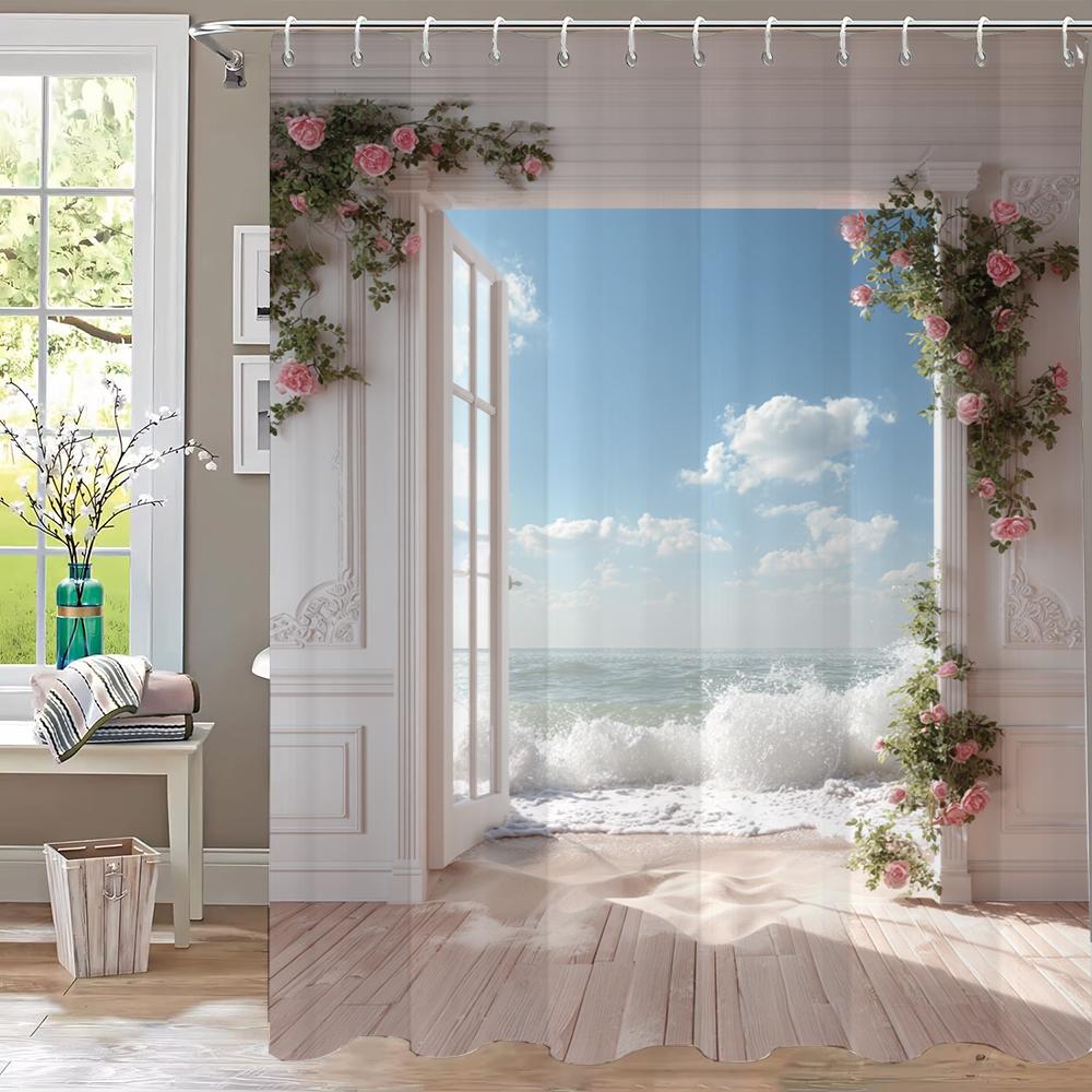Seaside Beach Flower Scenery Print Waterproof Shower Curtain Partition Privacy Hanging Curtain With 12 Hooks Machine Washable