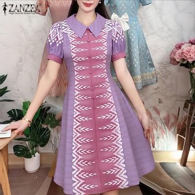 Women Casual Doll Collar Short Sleeve Ethnic Print Dress