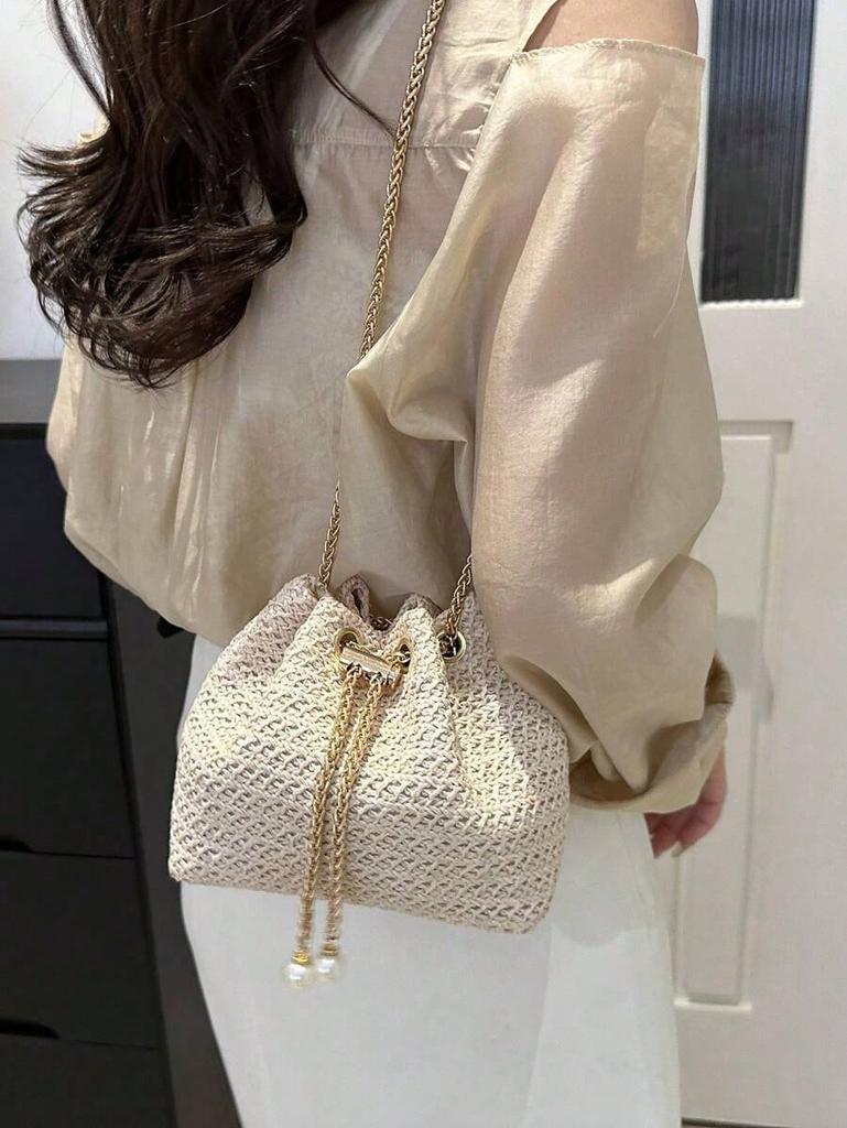 Fashion Solid Color Hollow Out Woven Chain Drawstring Mini Crossbody Bucket Bag , Small Bags , Beach Bag, Woven Bag, Straw Bag