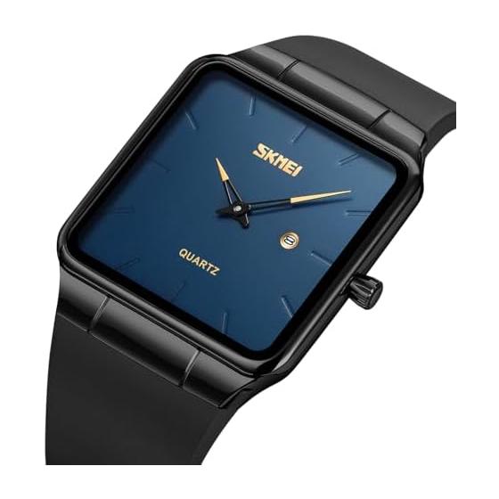 Men's Square Silent TPU Leather Strap Black Simple Thin Stylish Arm Watch Men's Waterproof Business Casual Men's Gift Black Blue Waches for Men