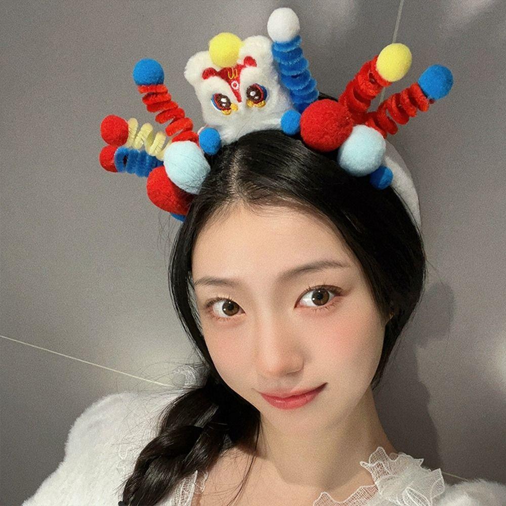 Lion Dance 2024 Happy New Year Headband Cartoon New Year Headdress Dragon Doll Headband  Girl
