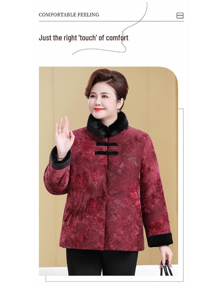 Plus Size Velvet Cotton Jacket for Women - Loose, Padded Winter Outerwear for Middle-Aged & Elderly
