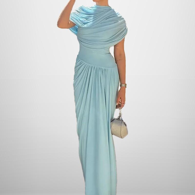 Elegant Womens Wrap Waist Pleated Maxi Dress 2026 Short Sleeve Round Neck Slim Fit Long