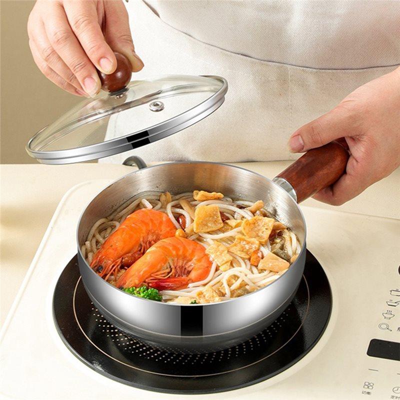 ABFS Single-Person Cooking Stainless Steel Small Pot Bowl Wood Handle Multi-Function Sauce Bowl Fruit Salad Yogurt Bowl