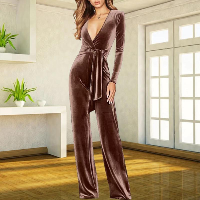 Damen V-Ausschnitt Langarm Samt Wickel-Jumpsuit Mit Taillenband Weiter Beinschnitt