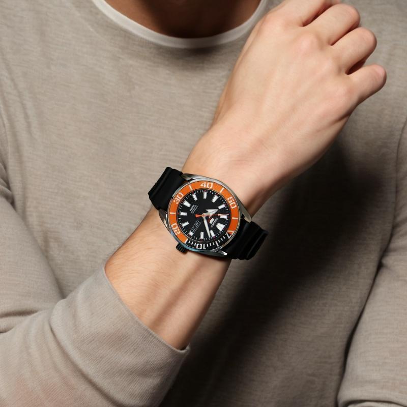 SEIKO seiko5 men's orange automatic mechanical waterproof watch silicone strap mechanical movement men's watch black dial SRPC59K1