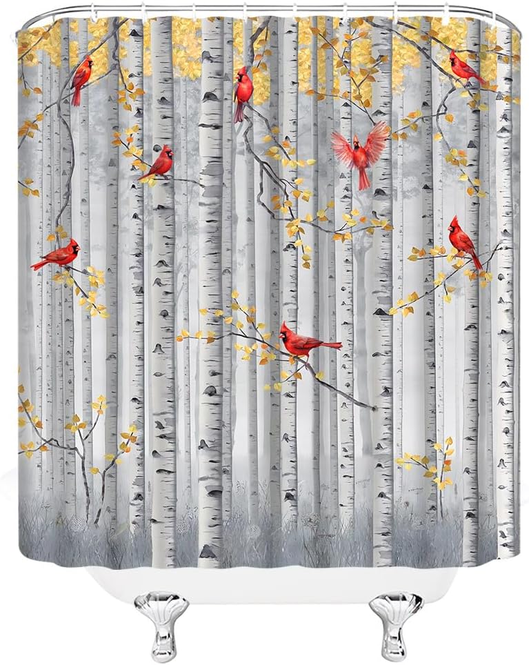 Tree Bird Shower Curtain Rustic Birch Tree Forest Red Bird Yellow Leaves Fall Nature Scenery Plant Bathroom Decor Curtain With