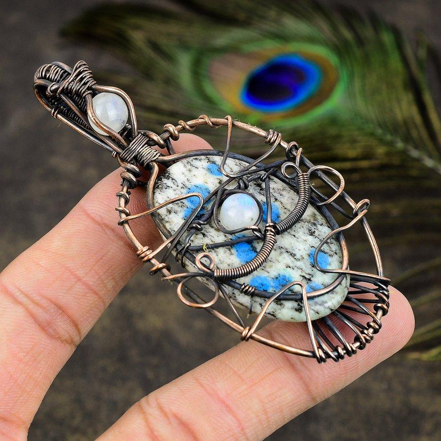 K2 Azurite, Moonstone Gemstone Copper Wire Wrap Jewelry Pendant 3.55"