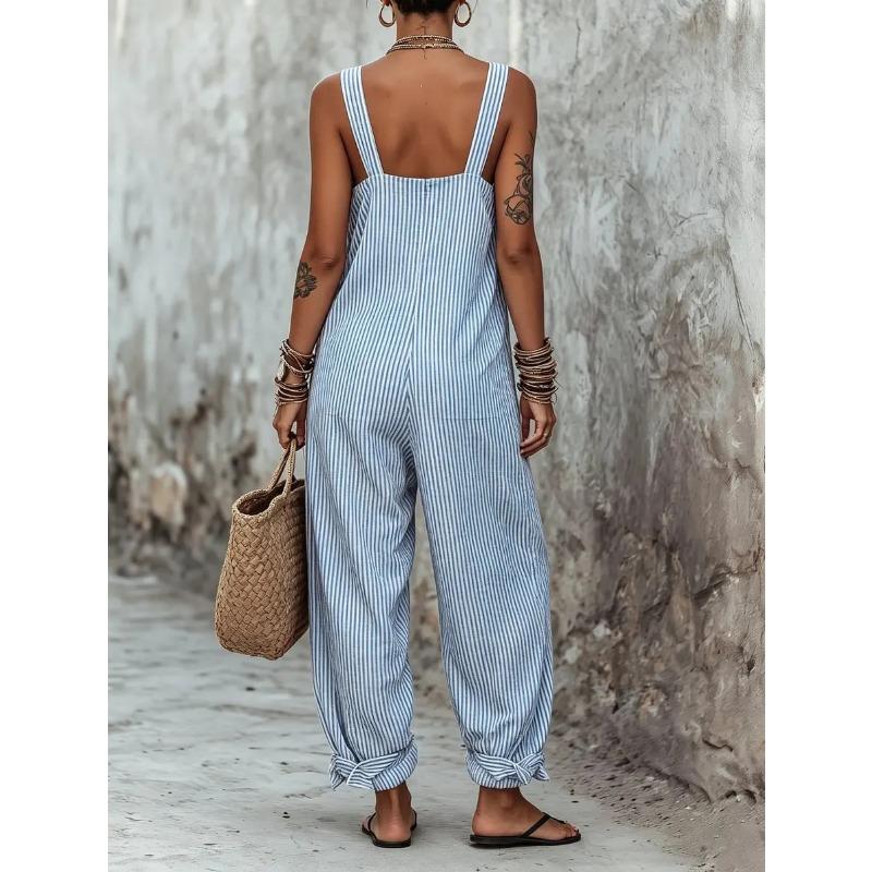 Kvinders ærmeløs stribet løs afslappet jumpsuit med høj talje