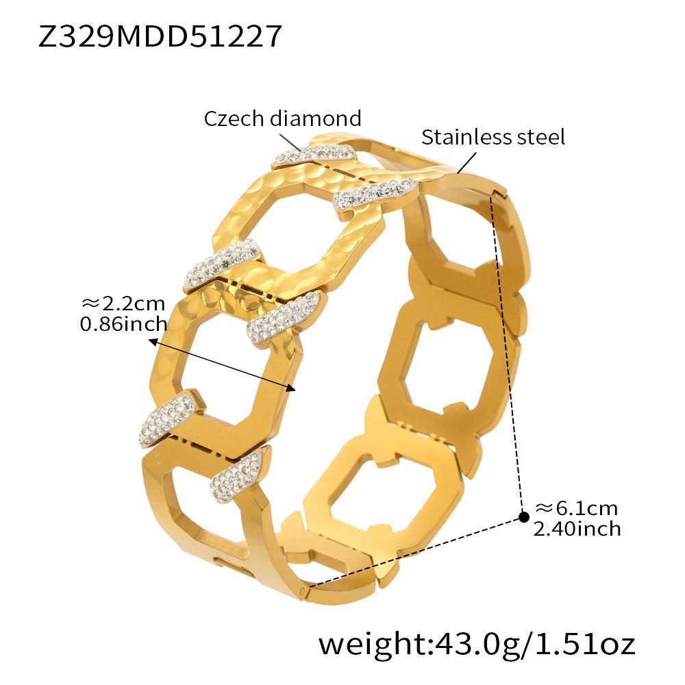 18K Gold Plated Honeycomb Pattern Stainless Steel Wide Bracelet with Zirconia Inlaid - European & American Fashion.