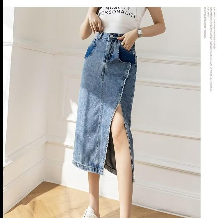

Лето 2025 Женская Сексуальная Джинсовая Миди Юбка Бодикон с Высокой Посадкой - Новый Прямой Свободный А-силуэт Дизайн Средней Длины 5XL синий