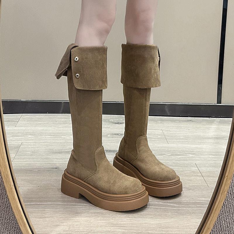 2025 Fall/Winter Women's Fold-Over Chunky-Heeled Knee-High Riding Boots