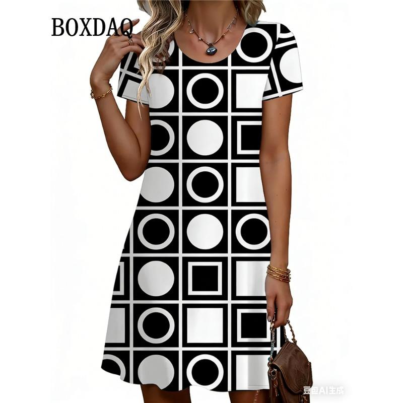 Simple Fashion Women's O-Neck A-Line Dress Striped Dot 3D Print Women's Dress Summer Loose Elegant Women's Short-Sleeve Dresses