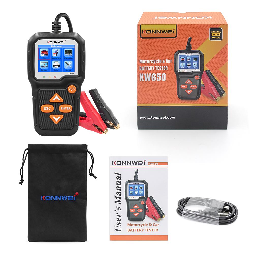 KONNWEI KW650 Car Motorcycle Battery Tester 6V 12V Battery Analyzer Diagnostic Tool 100 to 2000 CCA Car Moto Cranking Charging Test Scanner Tool
