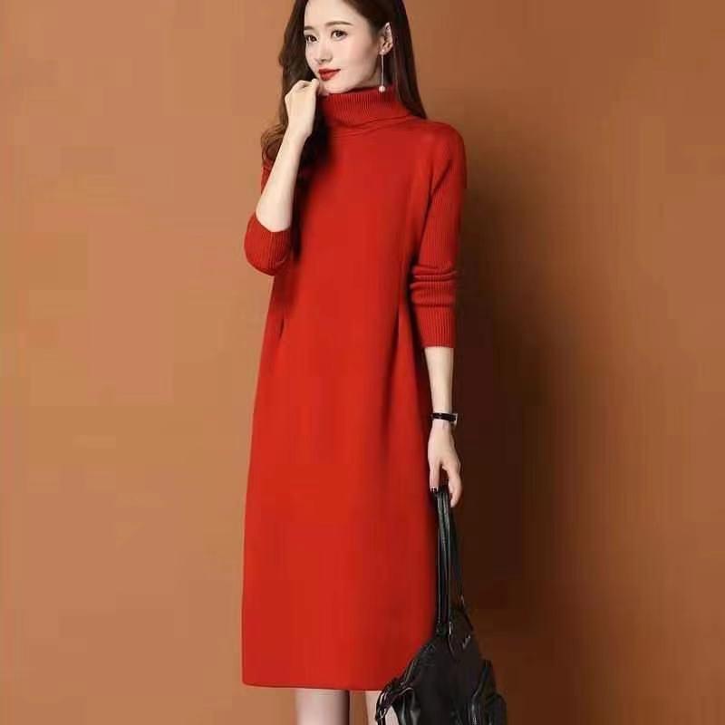 2025 Women's Winter Turtleneck Sweater Dress - Mid-Length Pullover with Over-Knee Skirt and Cashmere Coat