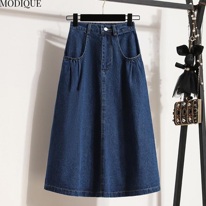 

MODIQUE 2025 Новинка больших размеров, летняя женская повседневная винтажная А-силуэт с высокой талией, длинная джинсовая юбка, женская свободная однотонная потертая синяя юбка M синий