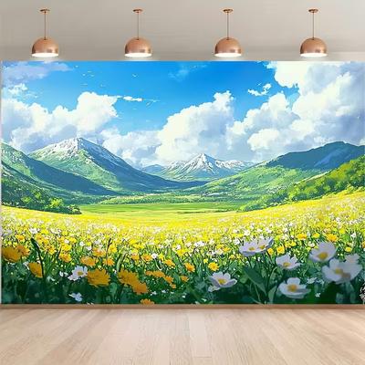 2D Flat Printing Anime Meadow Backdrop, Spring Flowers Photography Background