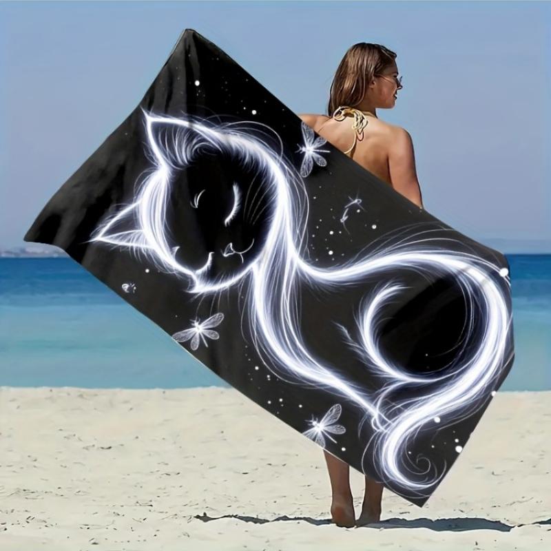 

1pc Whimsical White Cat & Floral Print Beach Towel - Soft Polyester, Multi-Use for Beach, Pool, Yoga Camping Perfect for Summer W30*H60(CM)