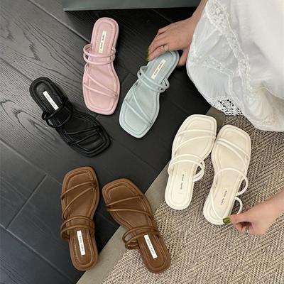 Zomer Twee-Weg Dunne Band Lage Hak Slippers Dames Bovenkleding Eenvoudige Romeinse Sandalen