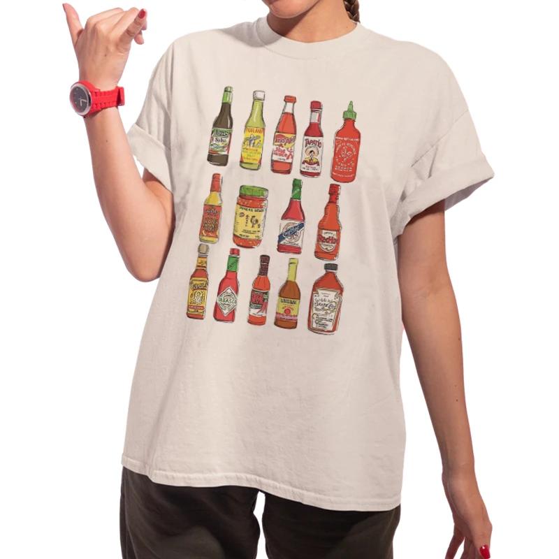 Women Vintage Hot Sauce TShirt Cute Funny Foodie T Shirt Short Sleeve Retro Graphic Tshirts Unisex Grunge Tops Humor Tees Gifts