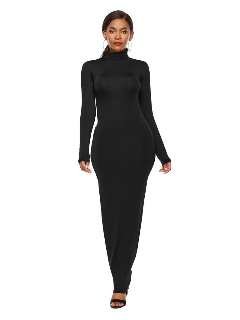 Women's Long Sleeve Solid Color Slim Fit High Neck Dress - European & American Fashion