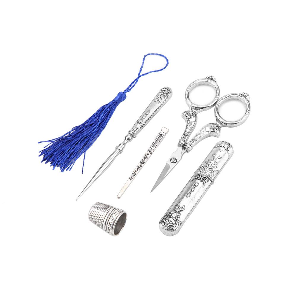 5pcs Vintage Sewing Scissors Threader Kit with Thimble Antique Embroidery Tool Set