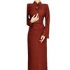 New Chinese autumn and winter national style red dress skirt temperament dress stand-up collar disc buckle high waist fish tail pendulum