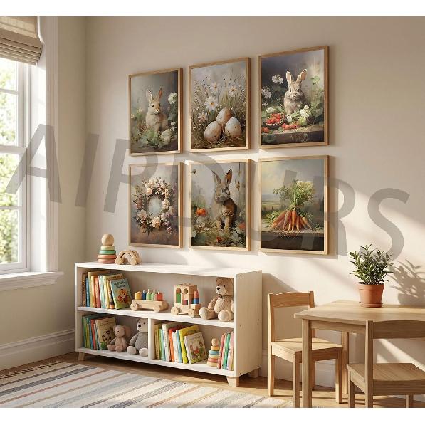 6Pcs Retro Bunny Easter Canvas Wall Art Easter Eggs Wreath Posters Prints Paintings Rustic Countryside farmhouse Pictures Wall Decor for Living Room