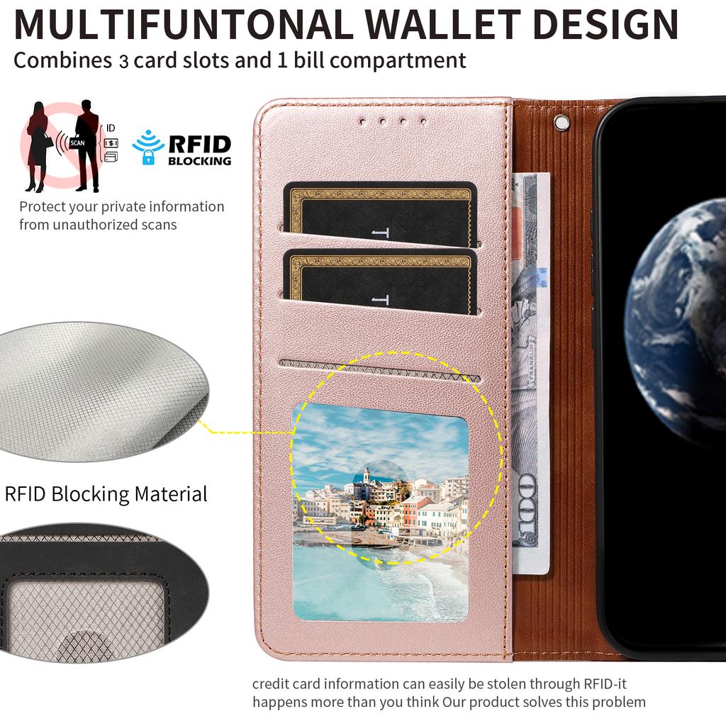 For Samsung Galaxy A55 5G Case RFID Blocking PU Leather Wallet Flip Phone Cover with Wrist Strap