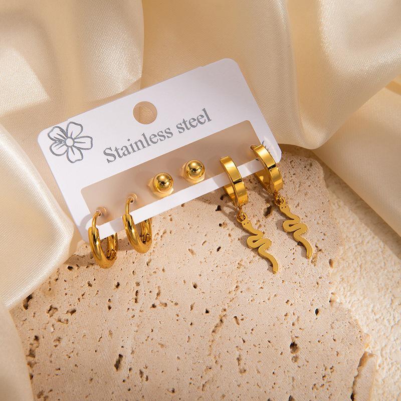 Popular Snake-Shaped & Heart Titanium Steel Stud Earrings Set for Women - Six-Piece Light Luxury Stainless Steel Ear Jewelry