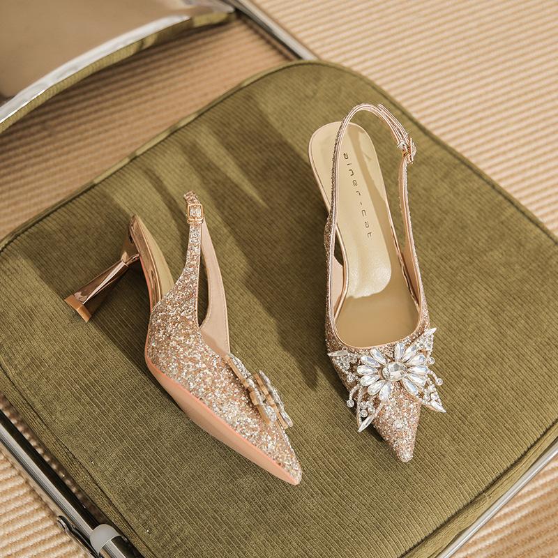 7521-7 [sheepskin] High-heeled Wedding Shoes Women's Thin Heels 2025 New Pointed Sandals Rhinestone Bow Shoes