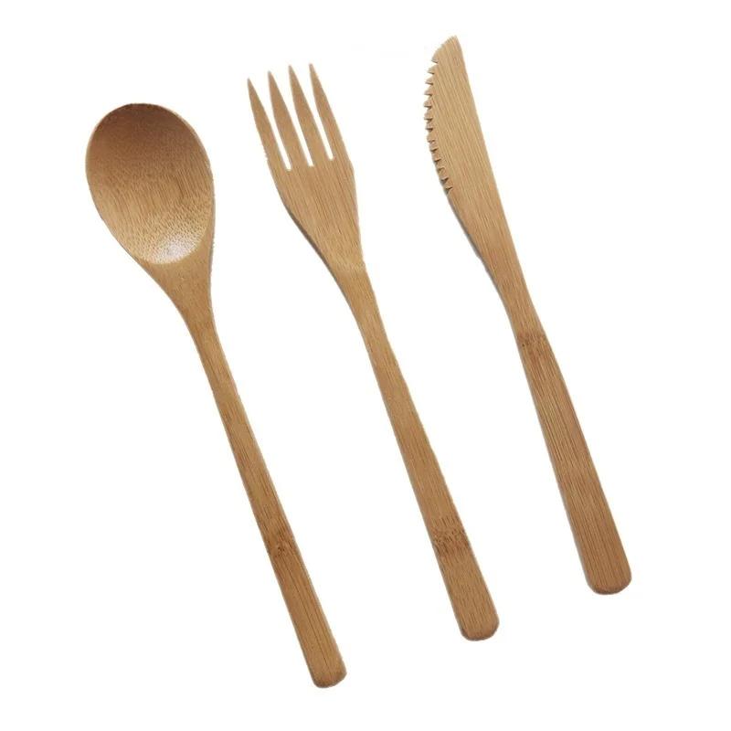3Pc/set Wooden Dinner Set Bamboo Fork Knife Soup Teaspoon Cutlery Dining Table Cooking Tools Kitchen Utensil Dinnerware Sets
