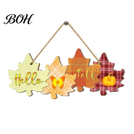Farmhouse Seasonal Door Hanger Autumn Welcome Sign with Hanging Rope for Front Door, Rustic Maple Leaf Shape Wood Harvest Pumpkin Wall Decor
