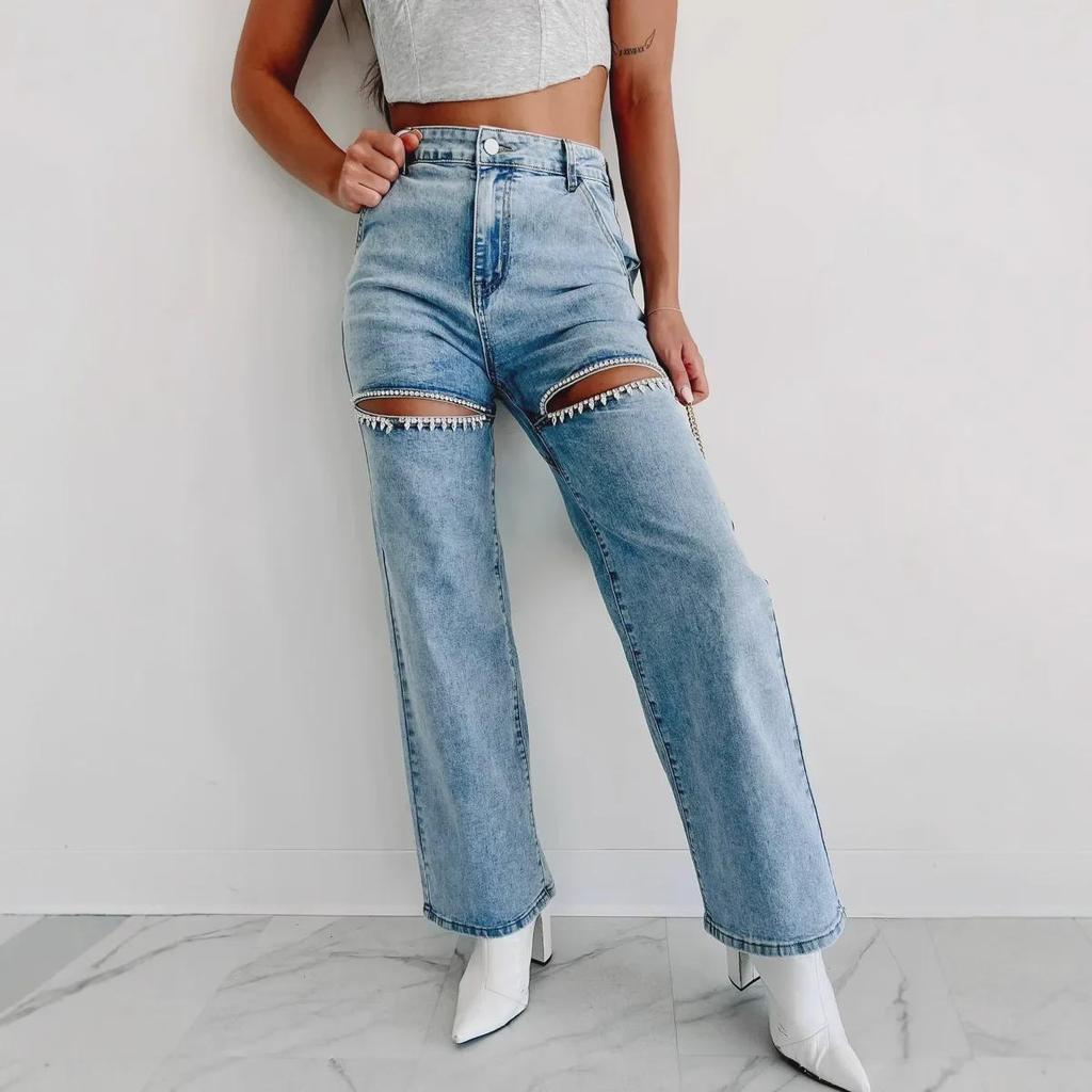 2025 Women's High Waist Straight-Leg Jeans with Chain and Washed Finish