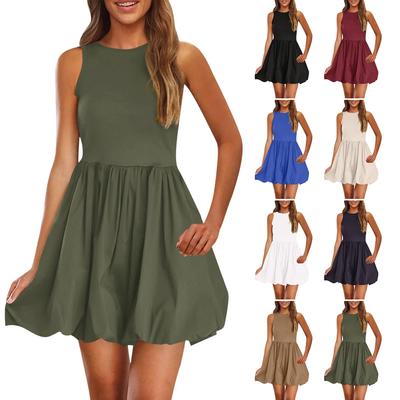 Damen Sommerkleid, lässig, einfarbig, A-Linie, ärmellos, Tanktop-Kleid