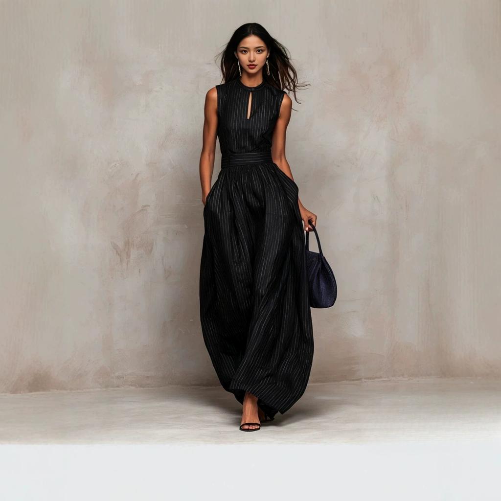 Tuta da donna a halter senza maniche a righe, vita media, gamba larga, pantaloni lunghi, per la primavera, uso quotidiano