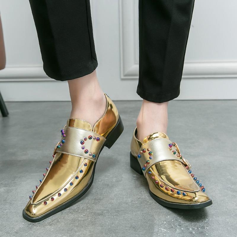 Designer Men's Shoes British Business Casual Leather Shoes Punk Rivet Buckle Strap Loafers Men Square Toe Party Stage Dress Shoe