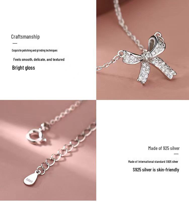 S925 Sterling Silver Bow Necklace - Elegant Women's Clavicle Chain Pendant for 2024