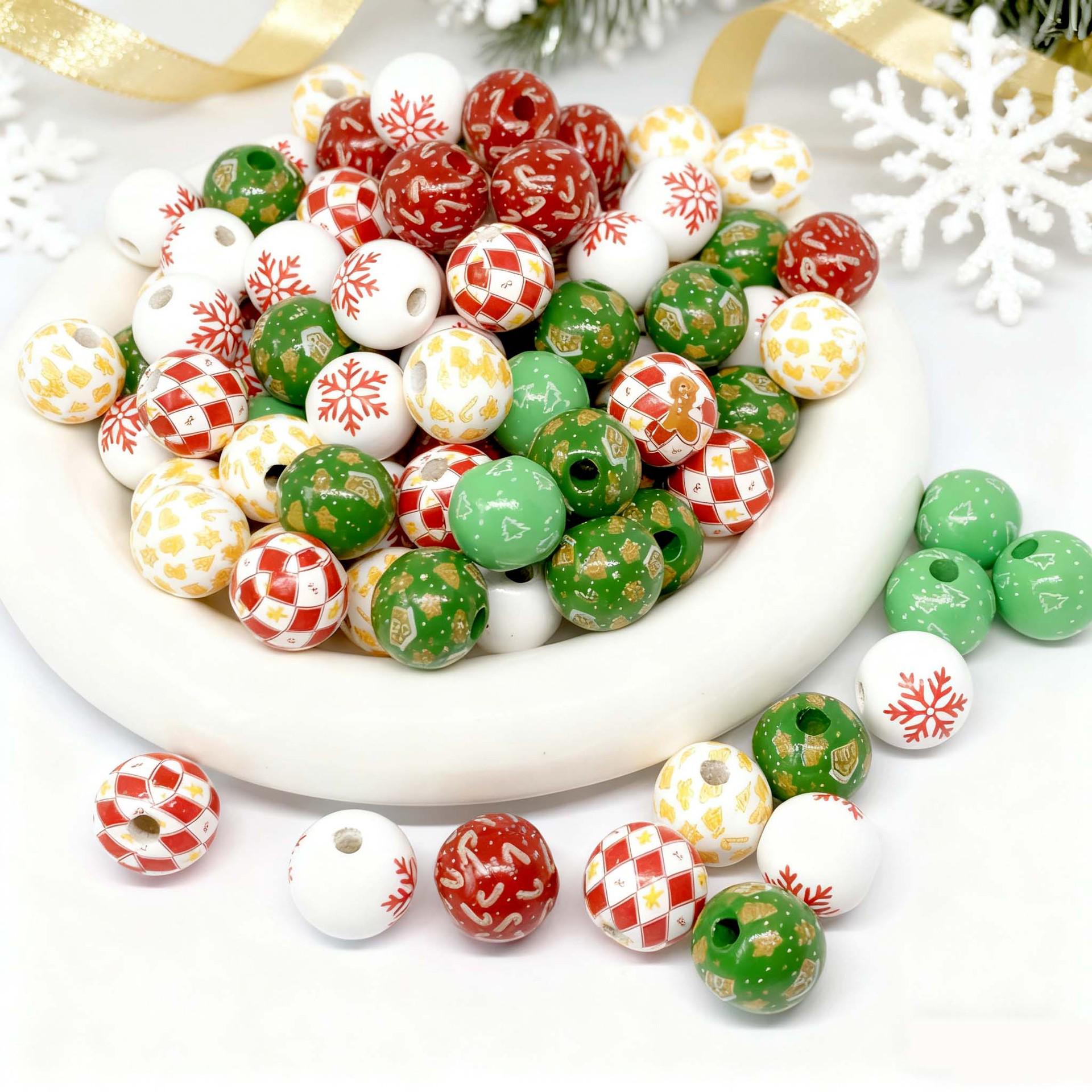 

10-Piece 16mm Christmas Wooden Beads: Gold & Green Mix, Handmade Loose Beads for DIY Stringing