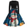 Women's Fashion Round Casual Slim Fit Christmas Print Large Swing Long Sleeve Dress