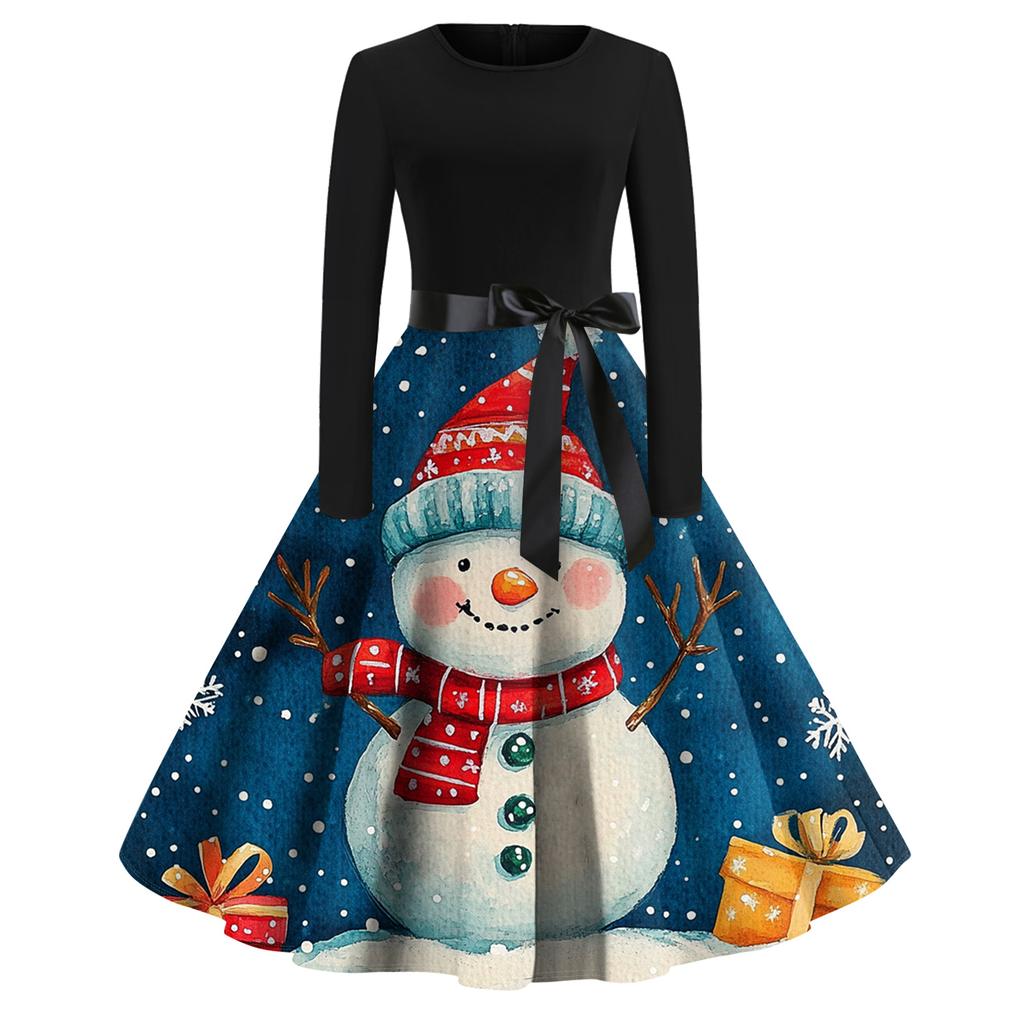 Women's Fashion Round Casual Slim Fit Christmas Print Large Swing Long Sleeve Dress