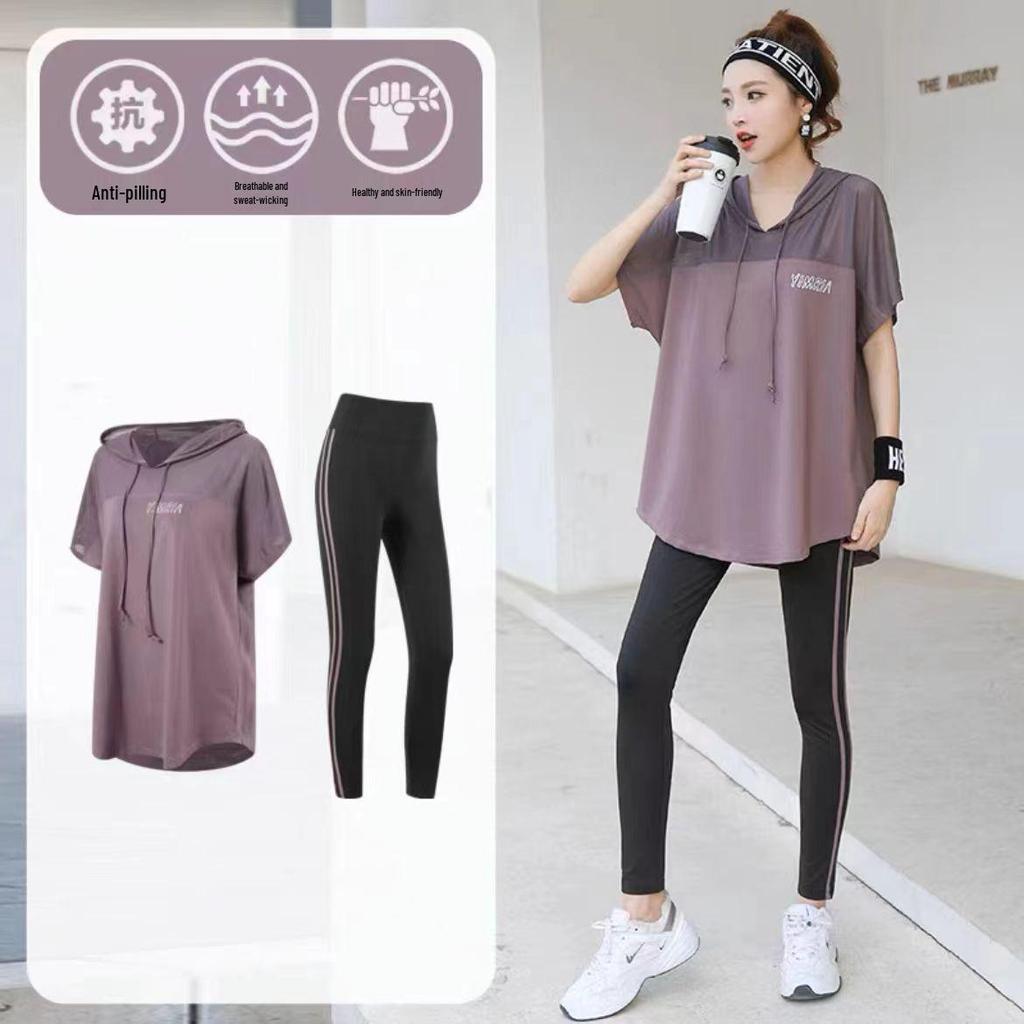 Dámská volná sada s kapucí a krátkým rukávem ve velkých velikostech, rychleschnoucí, na běh a jógu