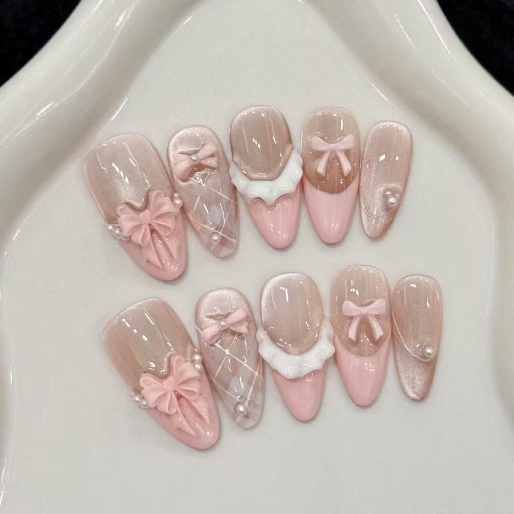 Creme kariert Mädchen Rosa Französische Perle Schleife Katzenauge ins Wind Abnehmbar Tragen Nagel 30 Stück Nagelkunst