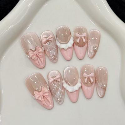 Cream Checkered Girl Pink French Pearl Bow Cat's Eye Ins Wind Removable Wear Nail 30 Pieces Nail Art