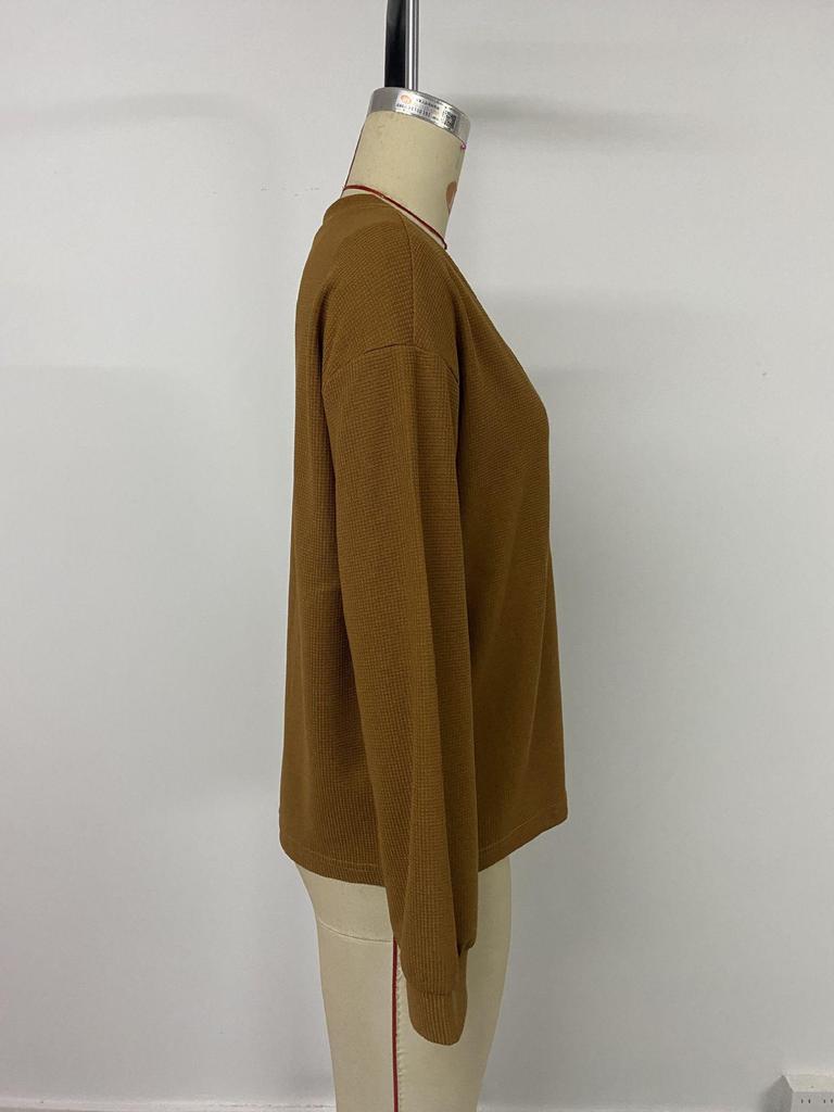 European & American Autumn 2025 Retro V-neck Waffle Long-sleeve Women's Pullover Top