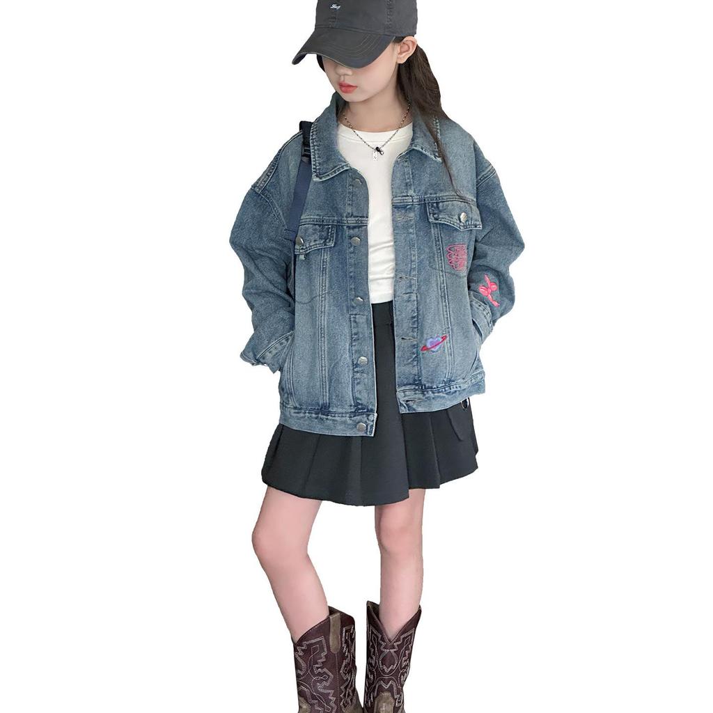 2025 Autumn Girls' Denim Jacket - Fashionable Street Style for Medium and Large Kids