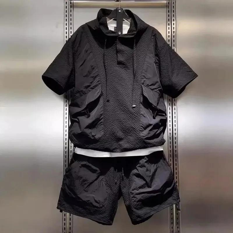 

Fashionable Workwear Breathable Quick Drying Sports Suit Men s Textured Casual Hooded Short Sleeved Shorts Two Piece Set S