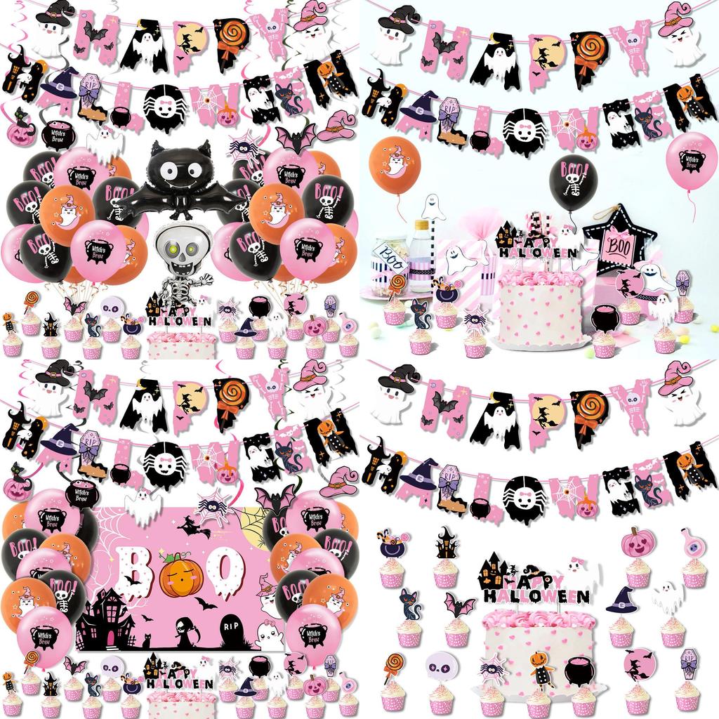Pink Halloween Party Decorative Skull Balloon Pumpkin Banner Cake Insert Set