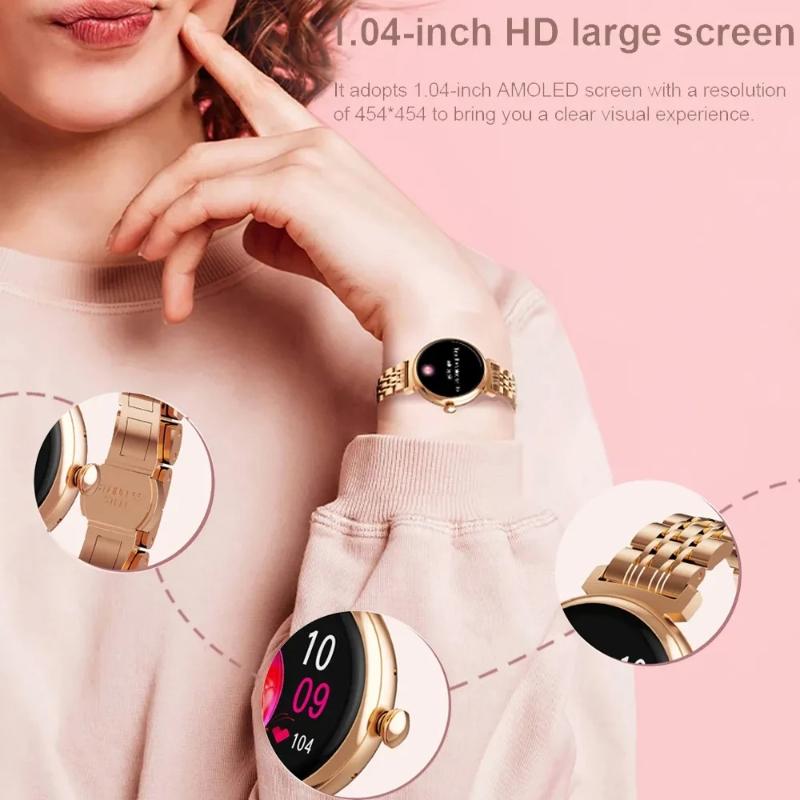 1,04-calowy ekran AMOLED Modny damski smartwatch Ekran zawsze włączony Połączenia Bluetooth Smartwatch Metalowa obudowa Zegarek z małym ekranem